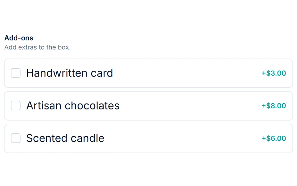 Personalized Gift Box add-ons before Handwritten card is checked — recipient fields hidden