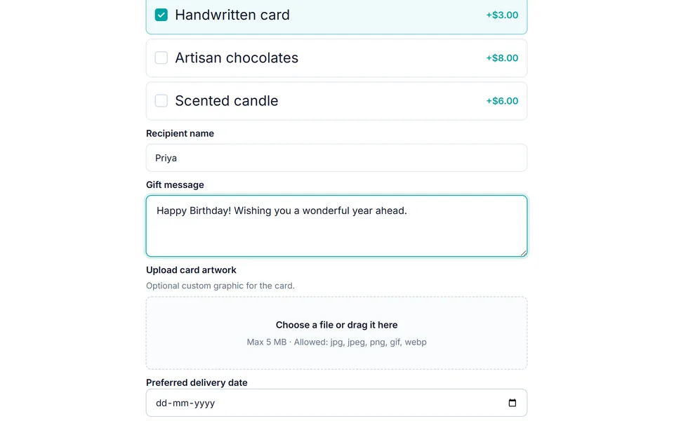 Personalized Gift Box after Handwritten card is checked — recipient name, gift message, and artwork upload revealed with sample content