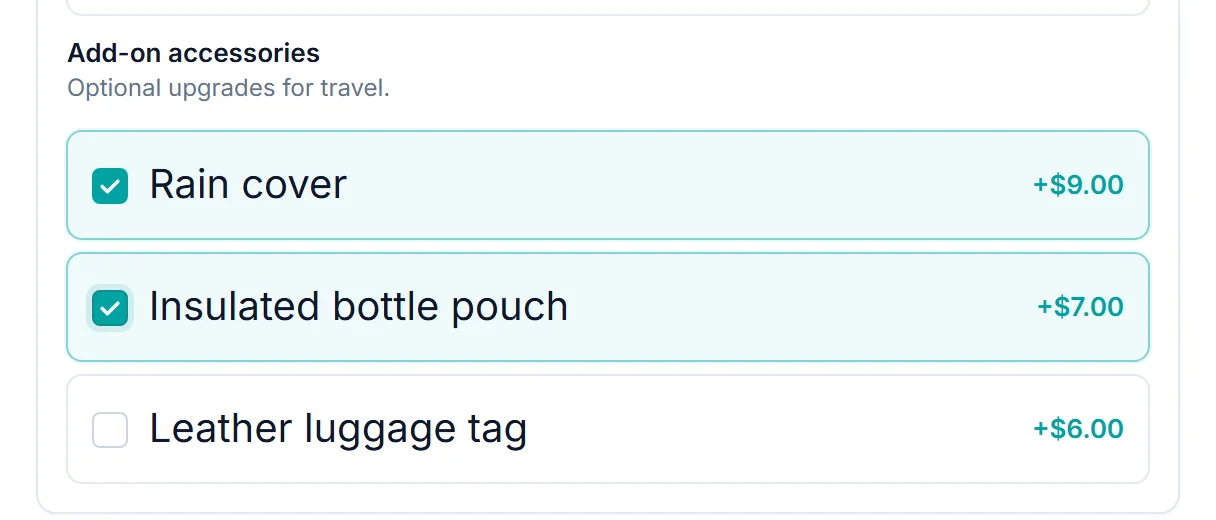 Accessories checkbox group on the Travel Backpack Builder demo product with two options selected