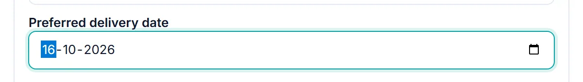 Delivery date field with the date picker open on the Personalized Gift Box demo product