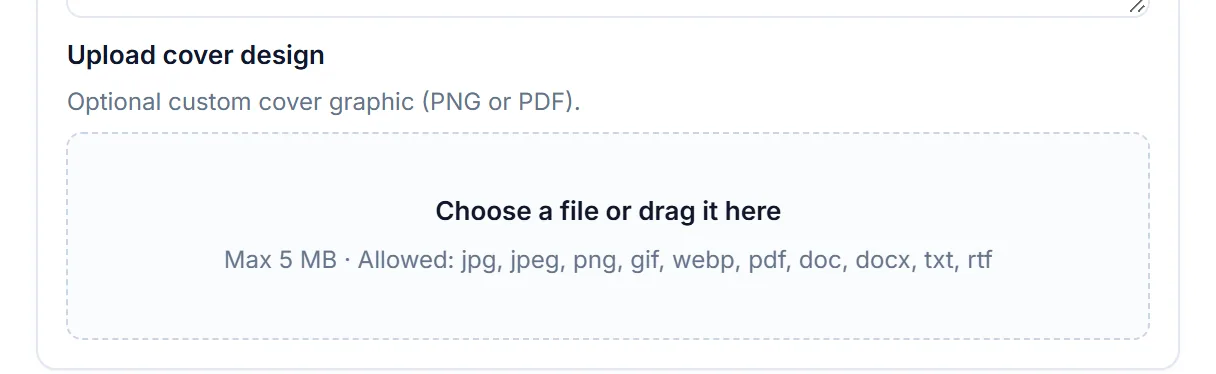 Cover design file upload field on the Personalized Leather Notebook demo product
