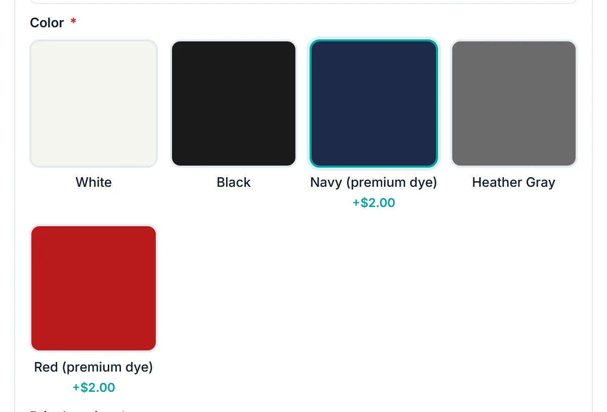 Color image-select swatches on the Premium Custom T-Shirt demo product with Navy selected, adding $2.00