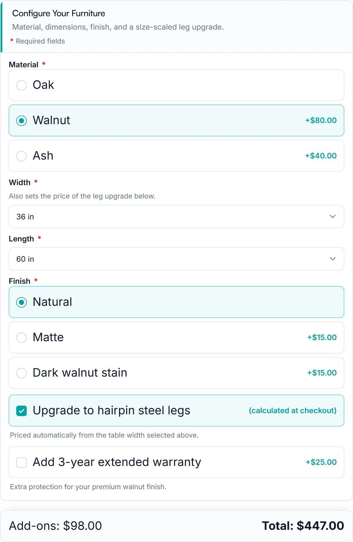 Custom Furniture demo product with Walnut material (+$80.00) and the formula-priced leg upgrade selected, showing Add-ons: $98.00 and Total: $447.00