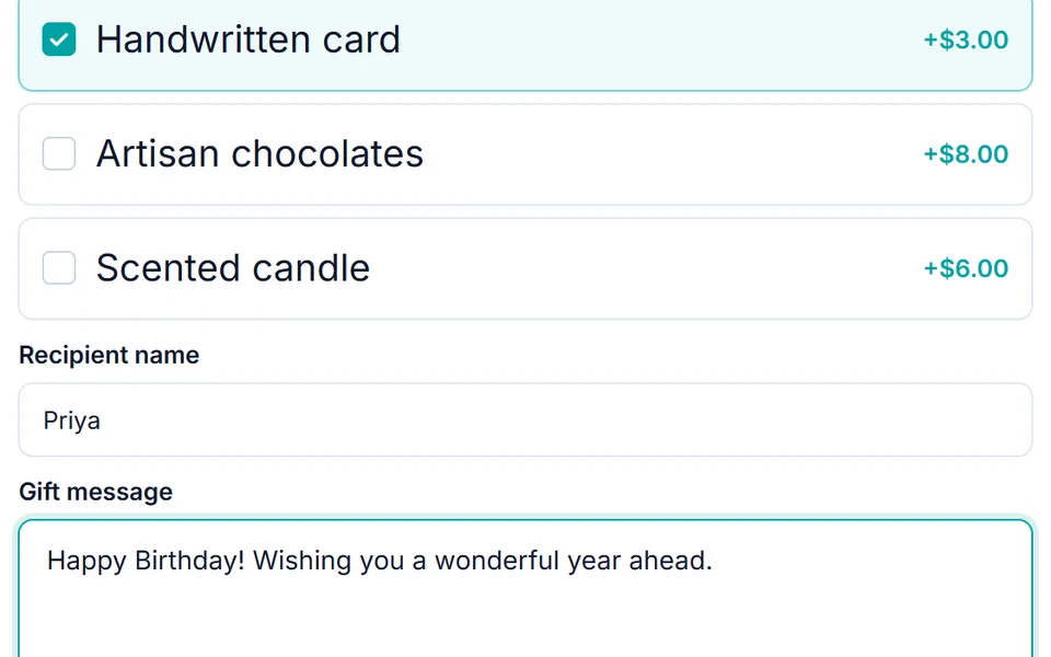 Conditional logic on the Personalized Gift Box: checking Handwritten card reveals recipient name, gift message, and artwork upload
