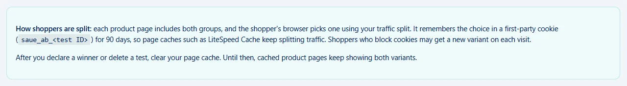 Notice on the A/B tests screen explaining that each product page includes both groups and the browser picks one, remembered in a saue_ab cookie for 90 days