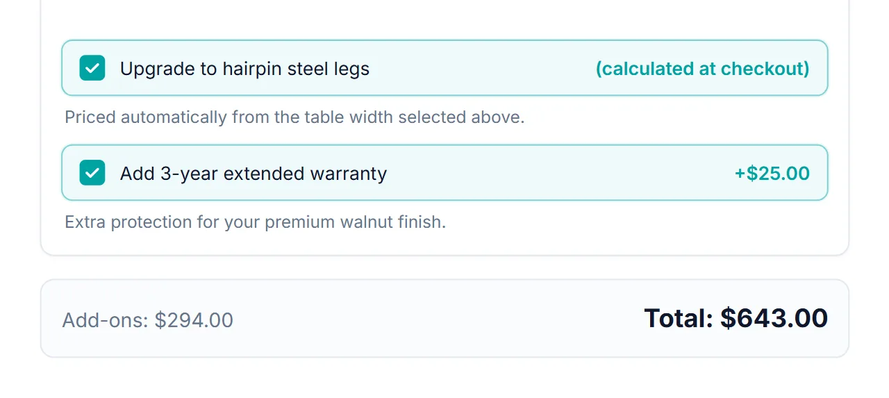 WooCommerce add-ons with pricing: formula-priced leg upgrade and extended warranty add-ons with the add-ons subtotal and total price