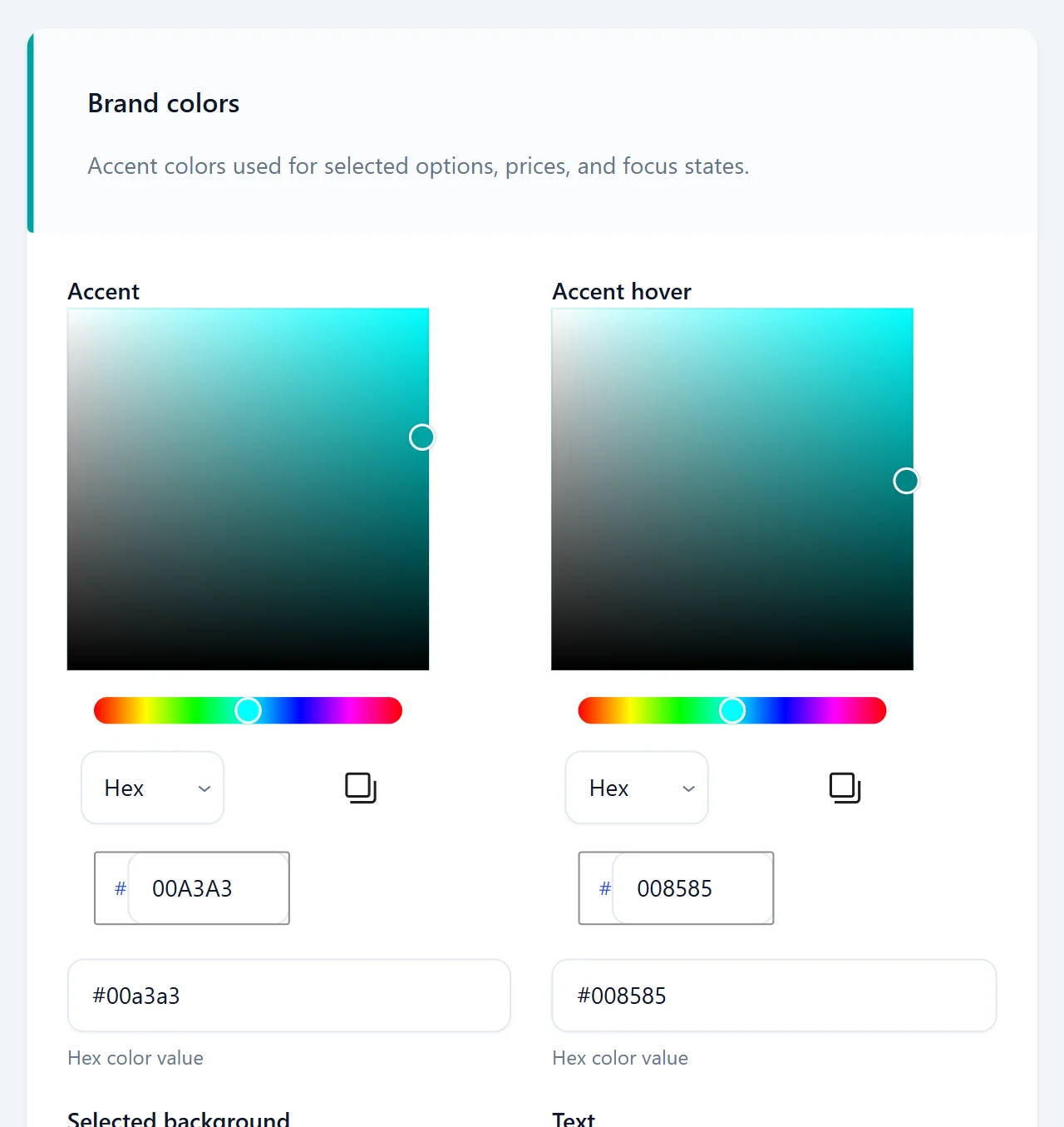 WooCommerce product add-ons styling: the Brand colors section with color pickers and hex values for Accent and Accent hover