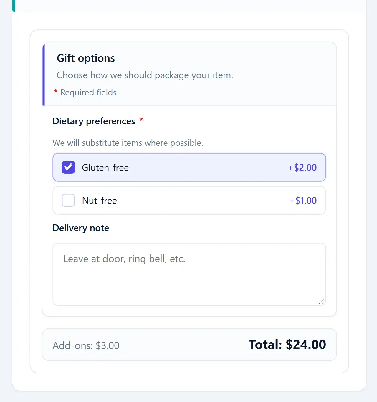 Live preview of a Gift options group with an indigo accent on the selected checkbox, prices, and group border