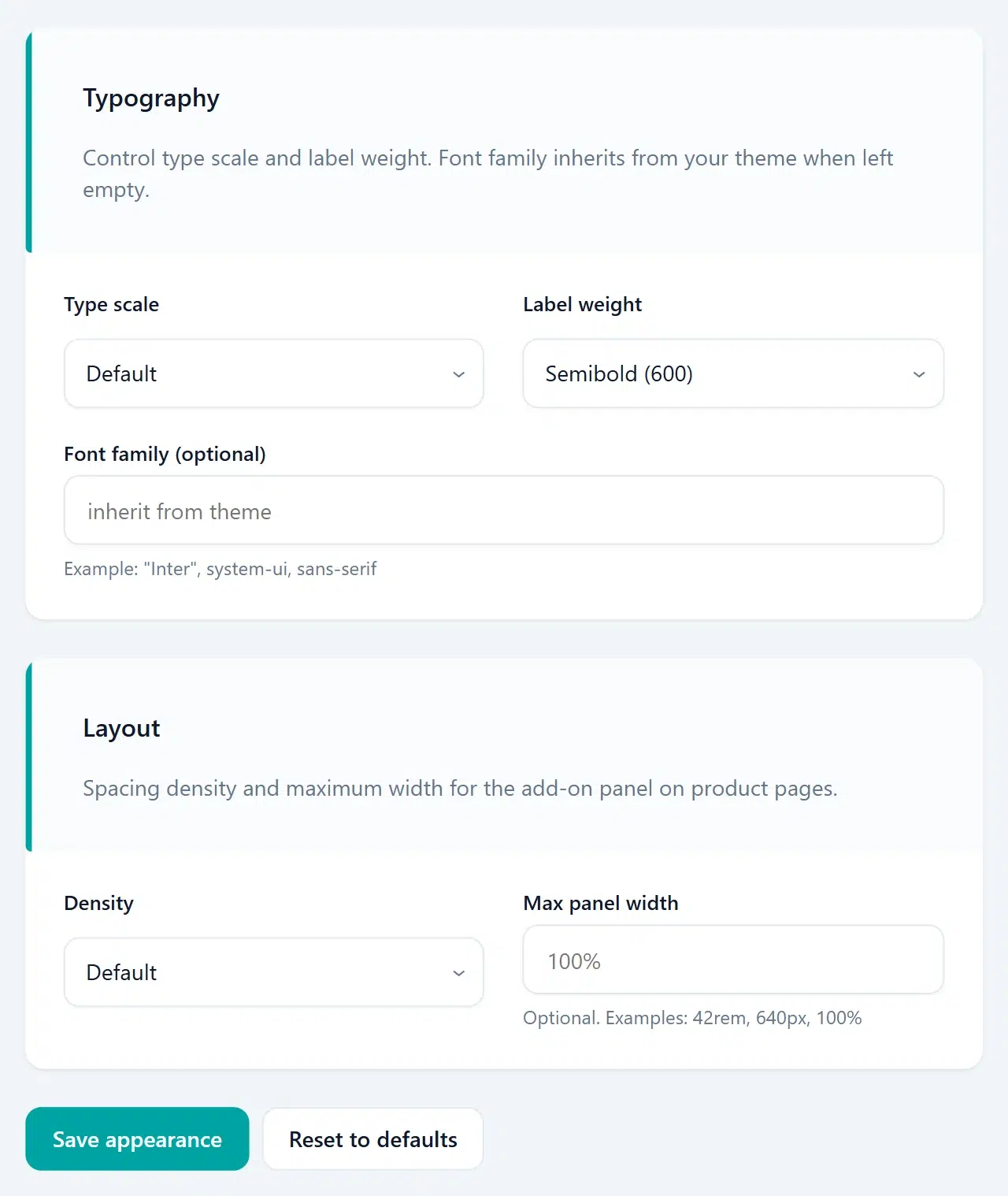 Typography and Layout sections with Type scale, Label weight, Font family, Density, and Max panel width, above the Save appearance and Reset to defaults buttons