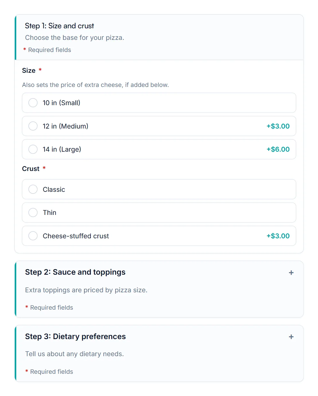 Product builder with Step 1 open and Step 2 and Step 3 shown as collapsed accordion panels with plus icons