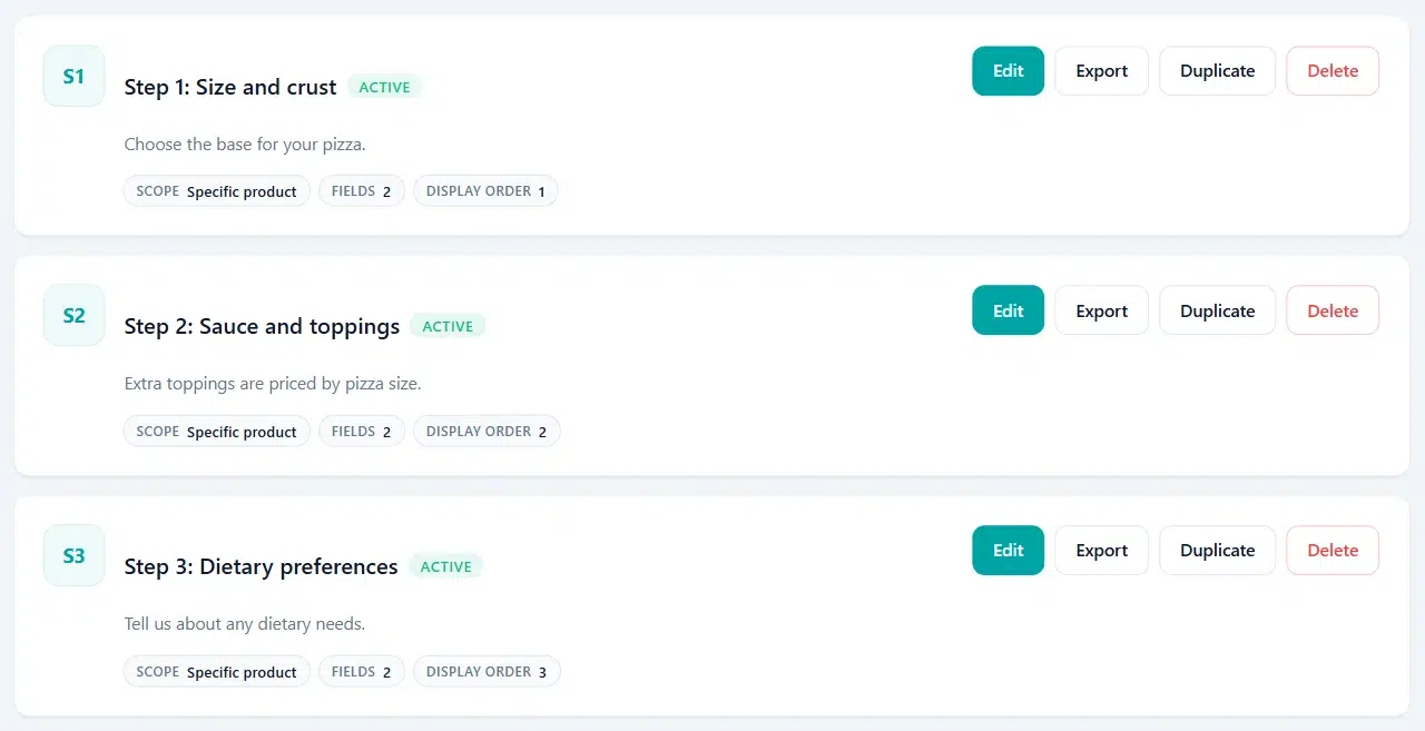Add-on group list showing Step 1, Step 2, and Step 3 groups for the pizza builder with Display order 1, 2, and 3