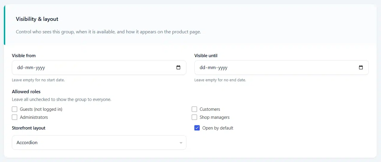 Visibility and layout settings with Visible from, Visible until, Allowed roles, Storefront layout set to Accordion, and Open by default ticked