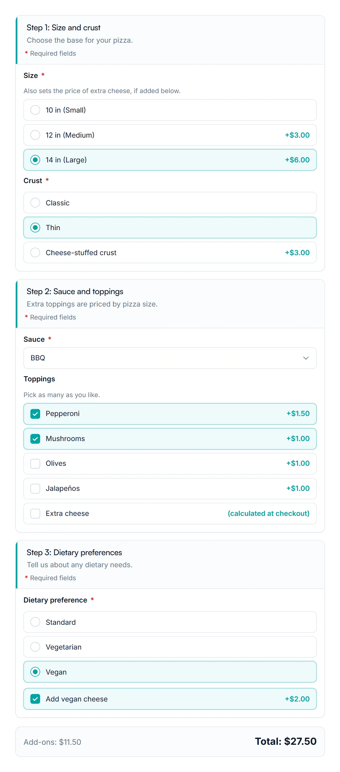 WooCommerce product builder with three add-on groups: Step 1 Size and crust, Step 2 Sauce and toppings, and Step 3 Dietary preferences, with a live total of $27.50