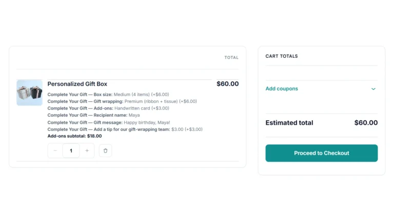 WooCommerce cart showing a Personalized Gift Box with each add-on choice listed under the product and the cart totals beside it