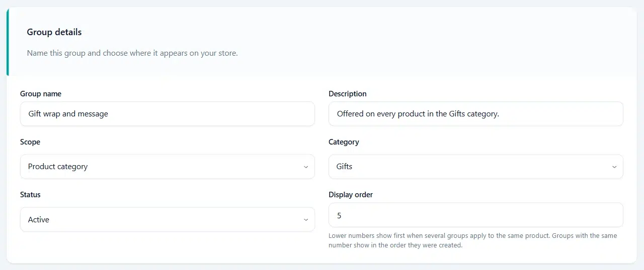 WooCommerce add-ons by category: Scope set to Product category with the Category dropdown set to Gifts