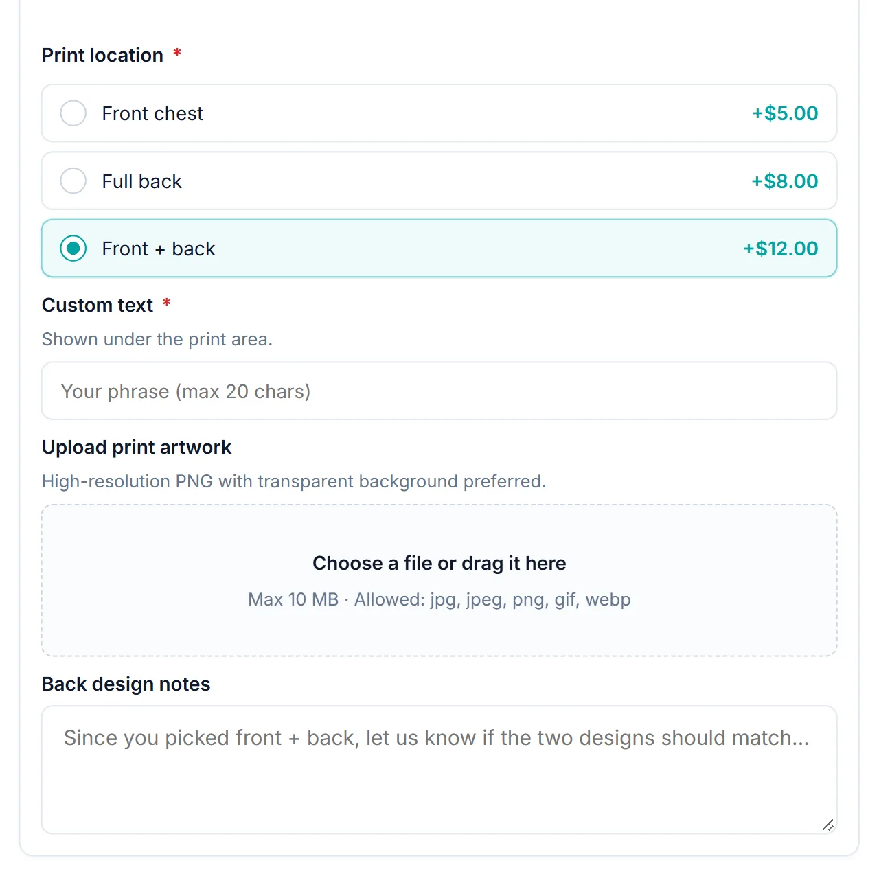 Print location set to Front + back, revealing a Back design notes box below the print artwork upload