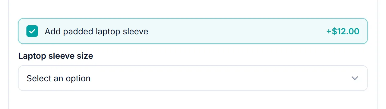 WooCommerce conditional product options: ticking Add padded laptop sleeve reveals a Laptop sleeve size dropdown