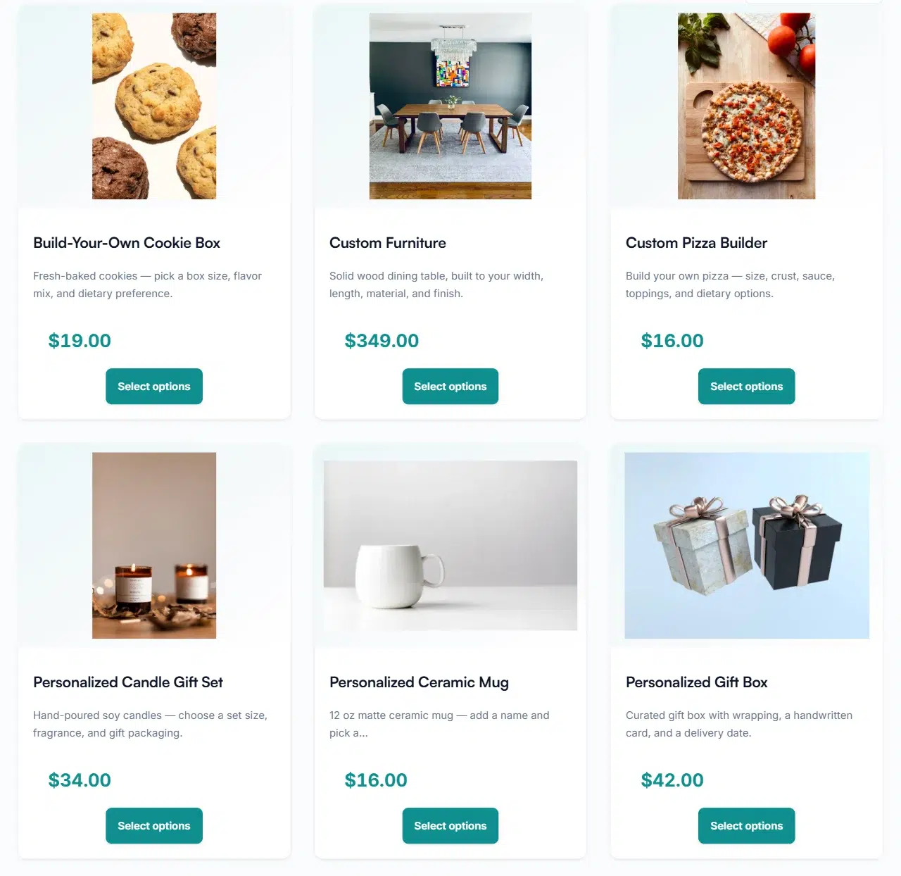 WooCommerce custom product store catalog in the demo store with a cookie box, custom furniture, a pizza builder, a candle gift set, a personalized mug, and a gift box