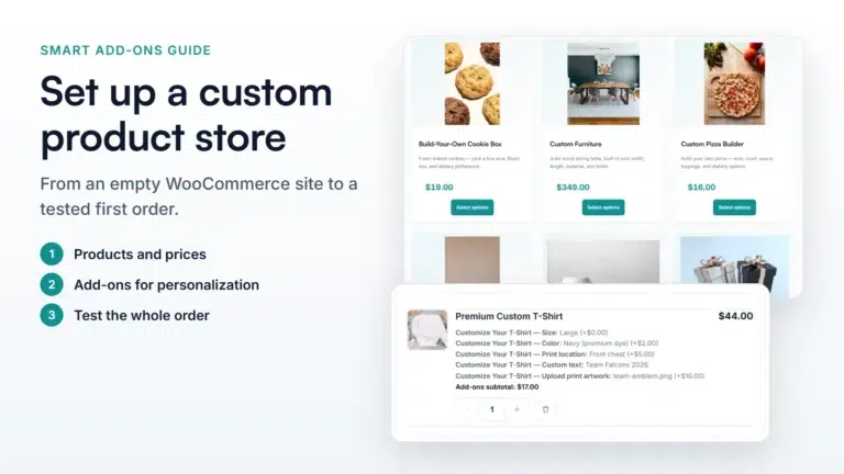 WooCommerce custom product store setup: a demo catalog of personalized products with Select options buttons and a cart line showing a customized T-shirt