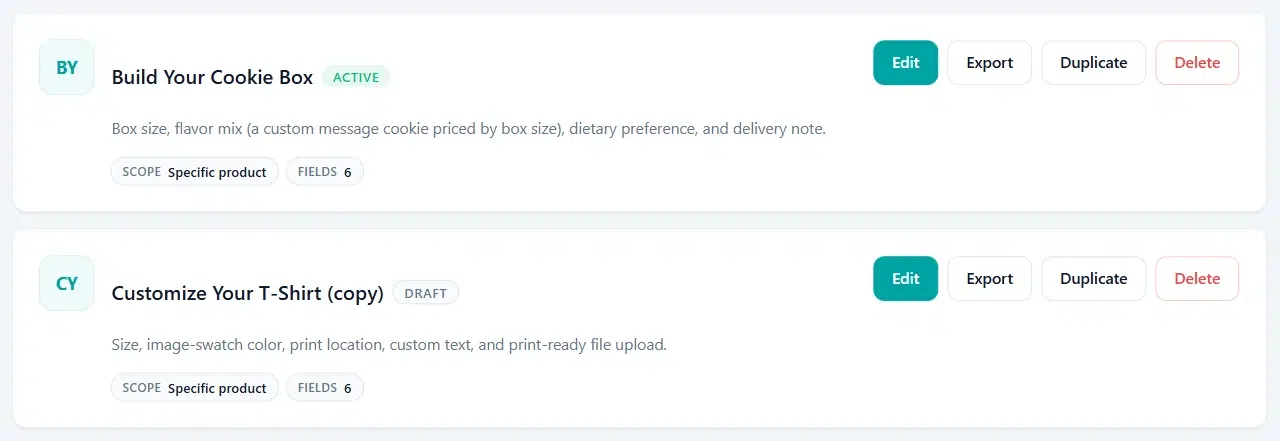 A duplicated add-on group named Customize Your T-Shirt (copy) with a Draft badge, Specific product scope, and 6 fields
