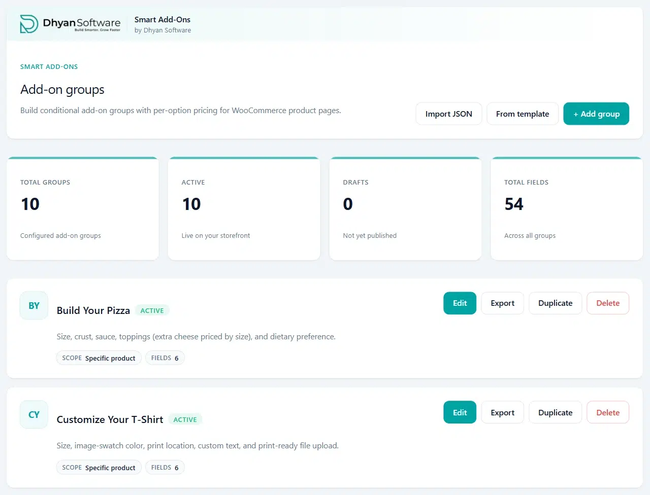 Smart Add-Ons Add-on groups screen with Import JSON, From template, and Add group buttons, and Edit, Export, Duplicate, and Delete on each group