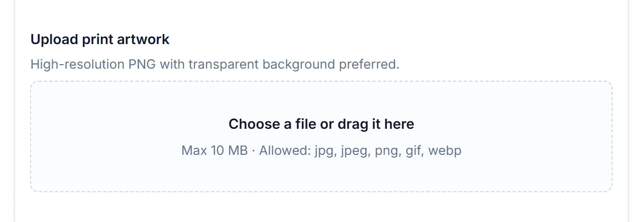 Empty file upload field showing a 10 MB limit and allowed image file types