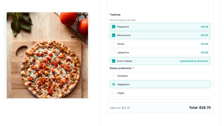 Pizza builder product page with pepperoni, mushrooms, and extra cheese toppings and a vegetarian preference, totaling $28.70