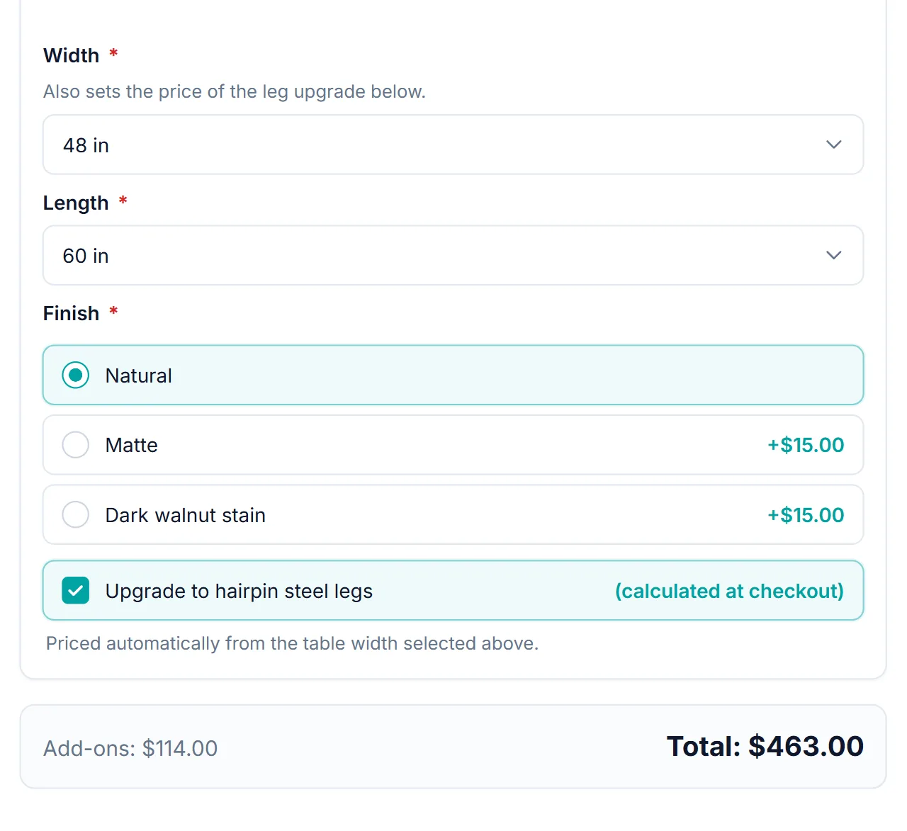 WooCommerce formula pricing: a 48 in table width with the hairpin leg upgrade ticked, showing Add-ons $114.00 and Total $463.00
