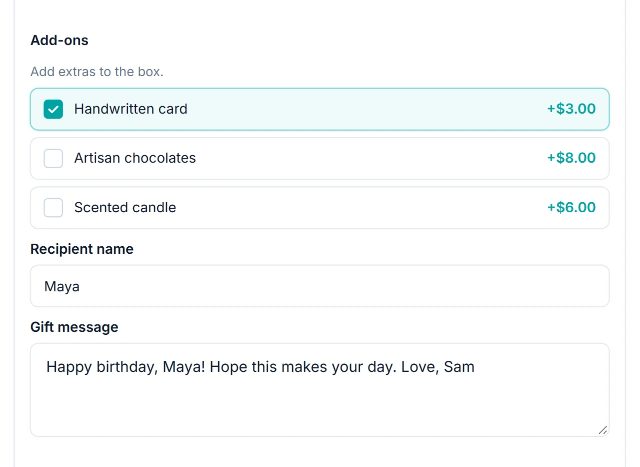 WooCommerce gift wrap option example: gift box add-ons with the handwritten card checked, revealing recipient name and gift message fields