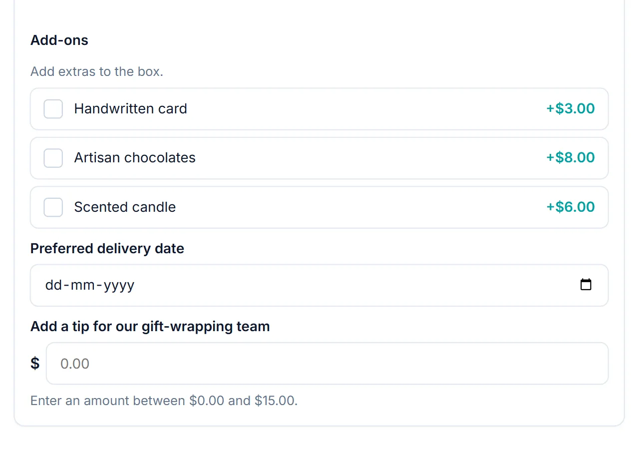 Gift box add-ons with the handwritten card unchecked, so no gift message fields are shown
