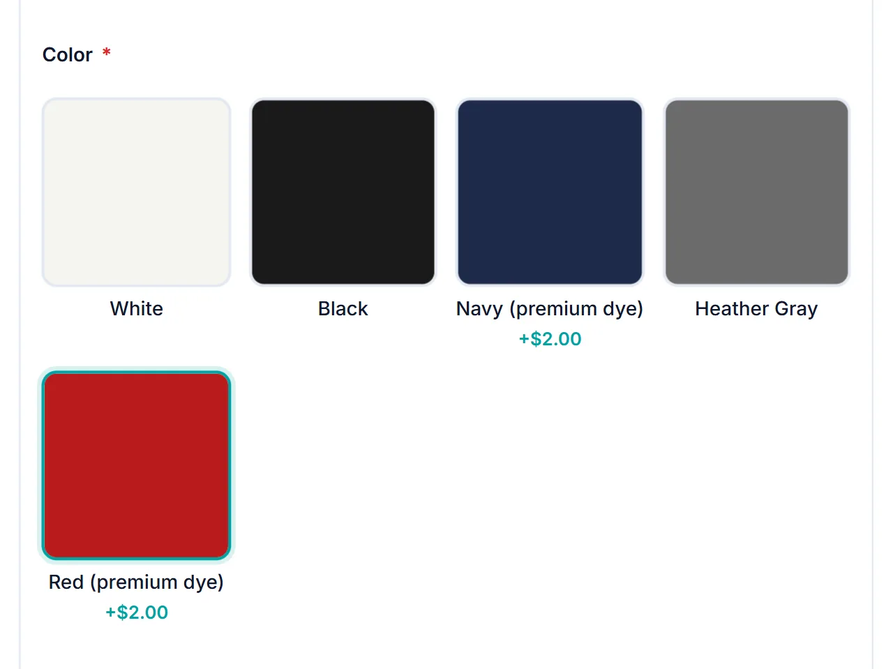 WooCommerce image select grid of five color swatches labeled White, Black, Navy, Heather Gray, and Red, with Red selected and a price under the two premium dye options