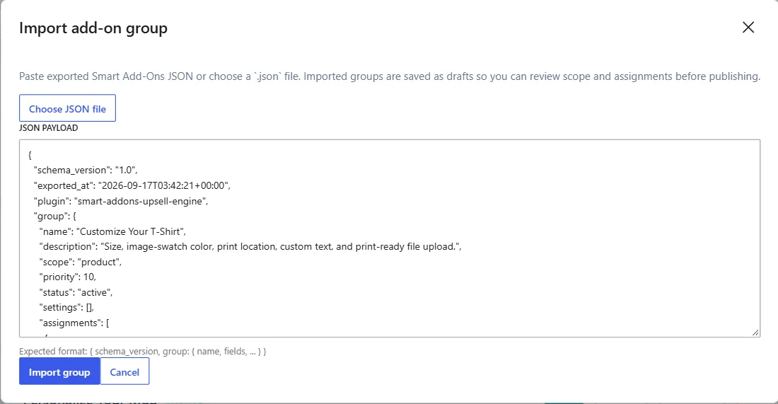 Import add-on group dialog with a Choose JSON file button and the exported T-shirt group JSON pasted into the JSON payload box