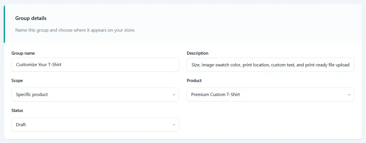 Group details of an imported add-on group with Scope Specific product, a Product selected, and Status set to Draft