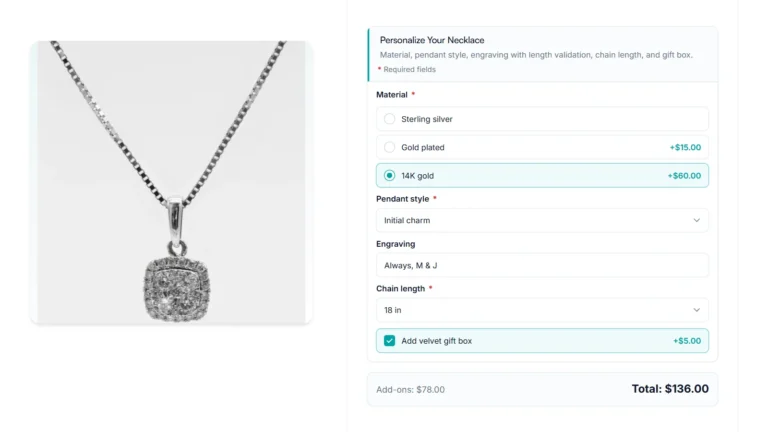 Personalized necklace product page with 14K gold, an initial charm, engraving, 18 in chain, and a velvet gift box selected, totaling $136.00
