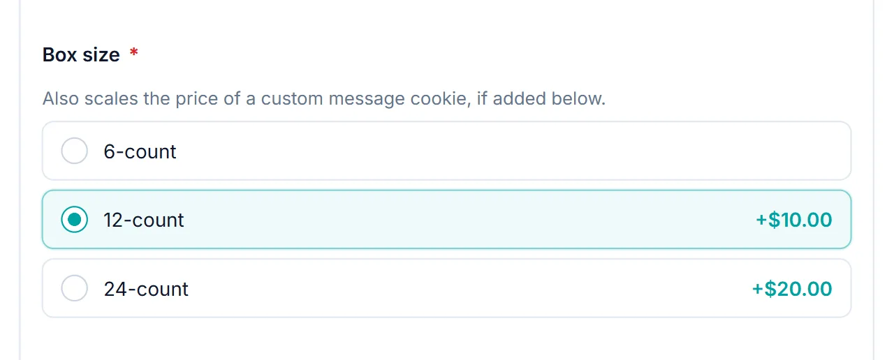 WooCommerce product radio buttons for box size with the 12-count option selected and prices shown next to the larger boxes