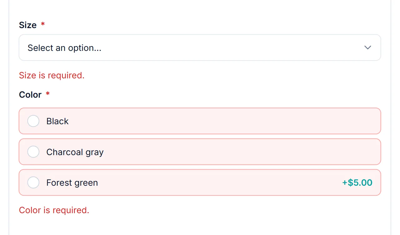 WooCommerce required product option errors: Size dropdown and Color options highlighted with the messages Size is required and Color is required