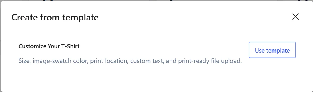 WooCommerce product options template picker: the Create from template dialog listing a saved template with a Use template button