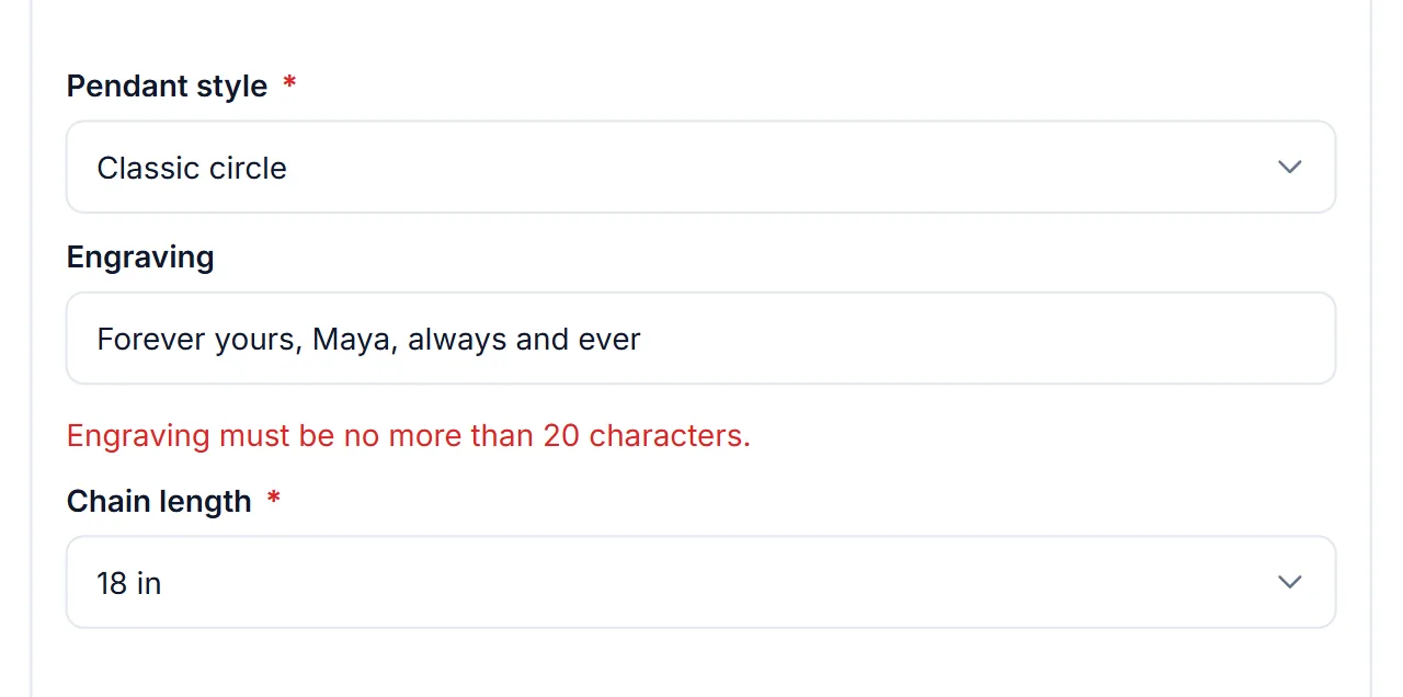 How to add a text field to a WooCommerce product: an engraving text field showing a message that it must be no more than 20 characters