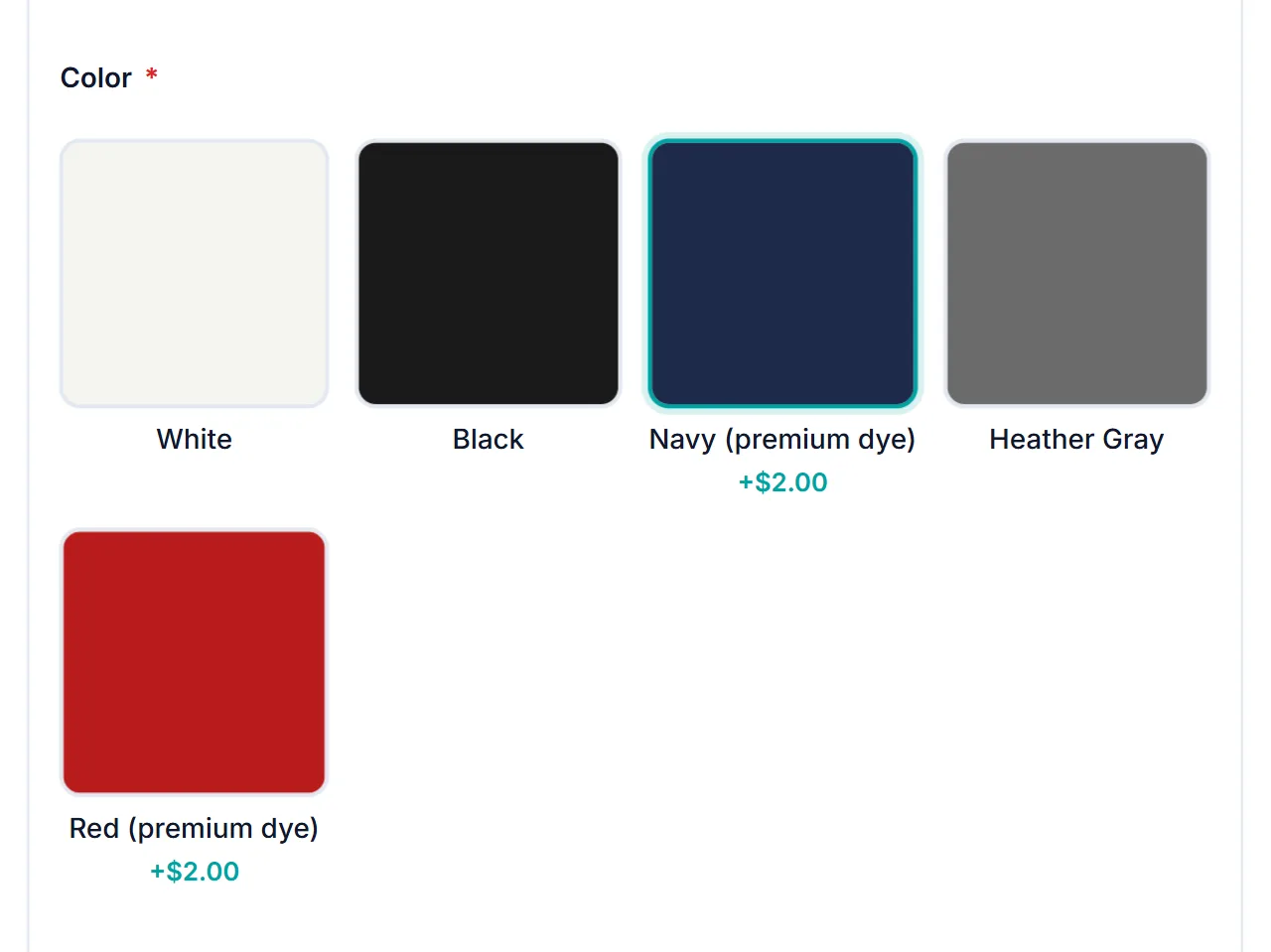 WooCommerce t-shirt customization color swatches: White, Black, Navy (premium dye) selected at +$2.00, Heather Gray, and Red (premium dye)