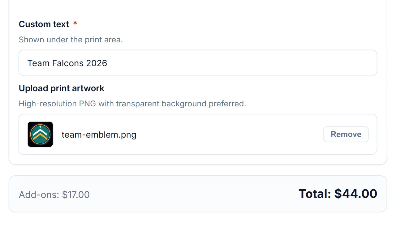 Custom text field described as Shown under the print area and an artwork upload field asking for a high-resolution PNG with a transparent background