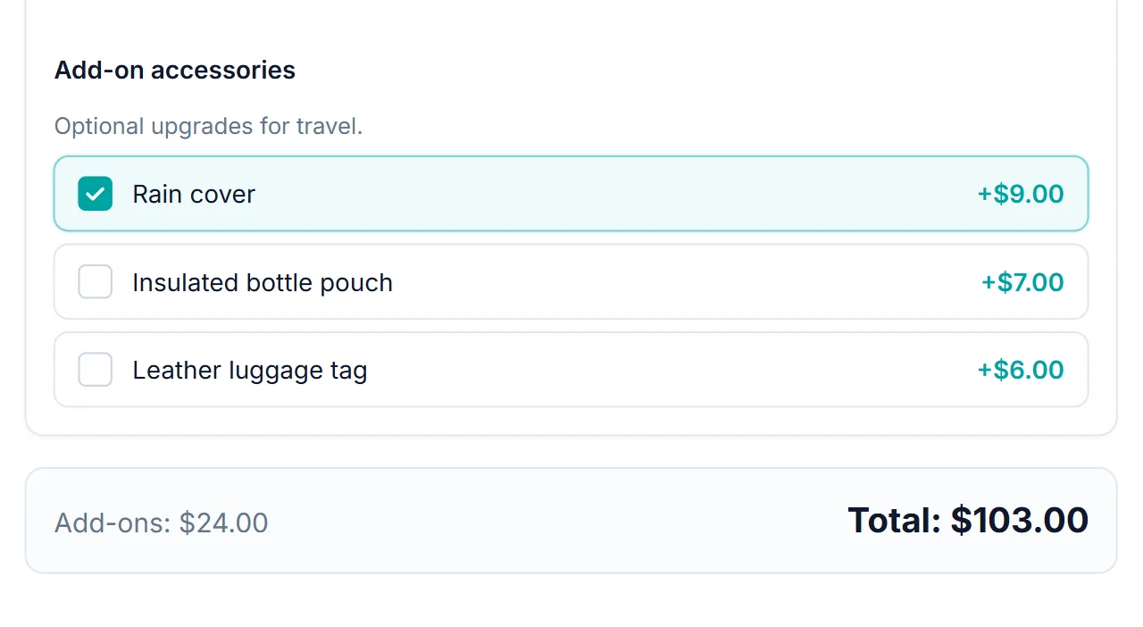 WooCommerce product upsells shown as optional accessories: Rain cover ticked at +$9.00, with a bottle pouch and luggage tag unticked, and the total updated to $103.00