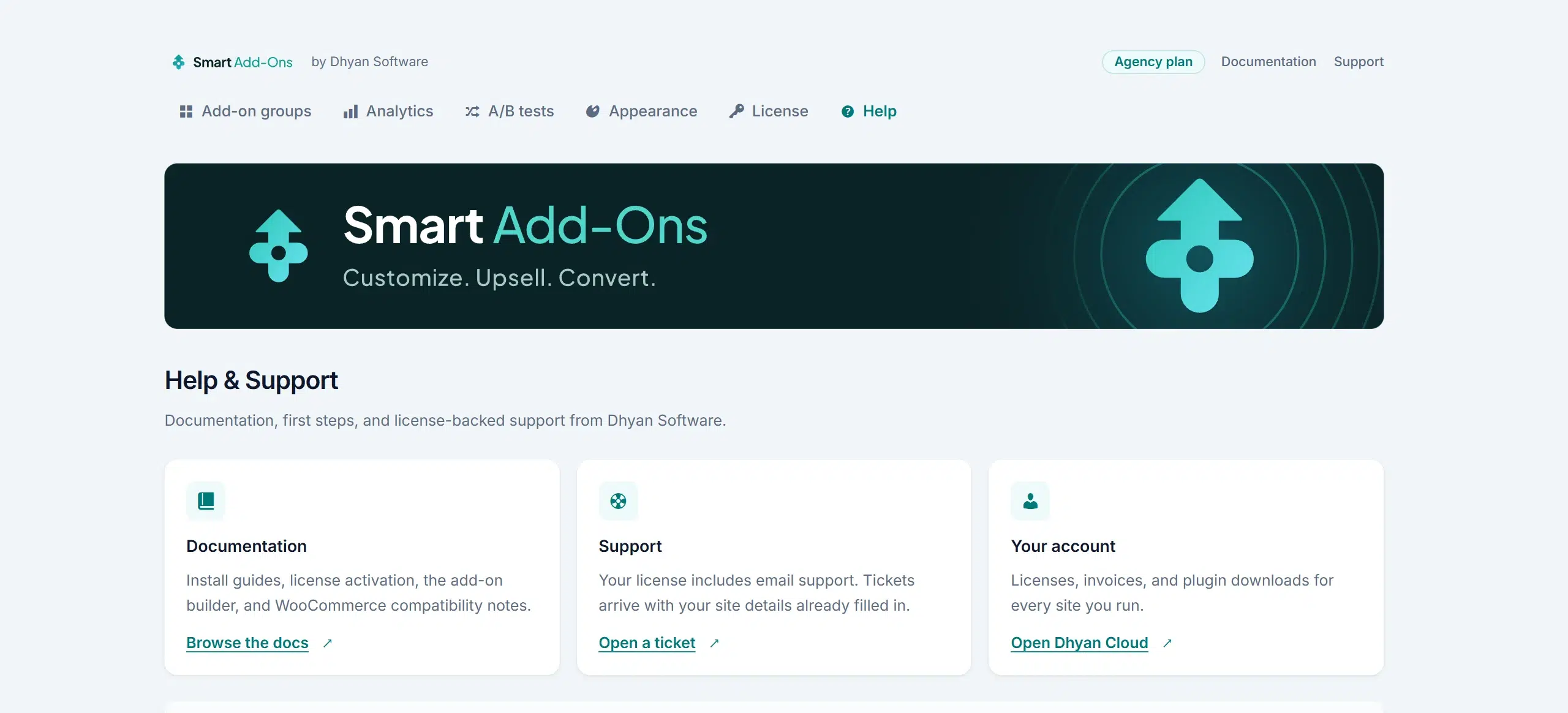 Smart Add-Ons Help and Support screen in the redesigned admin with Documentation and Support cards