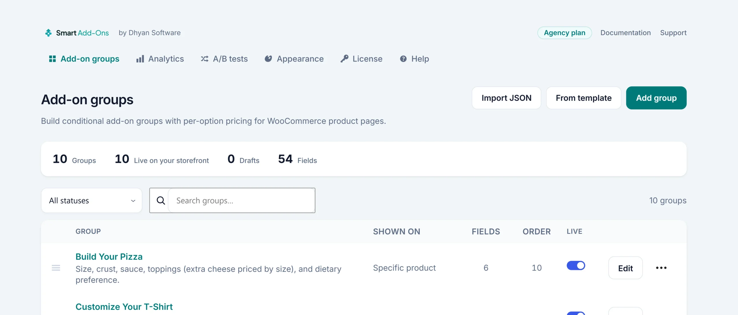 Smart Add-Ons Import JSON and From template buttons in the redesigned Addon Groups admin